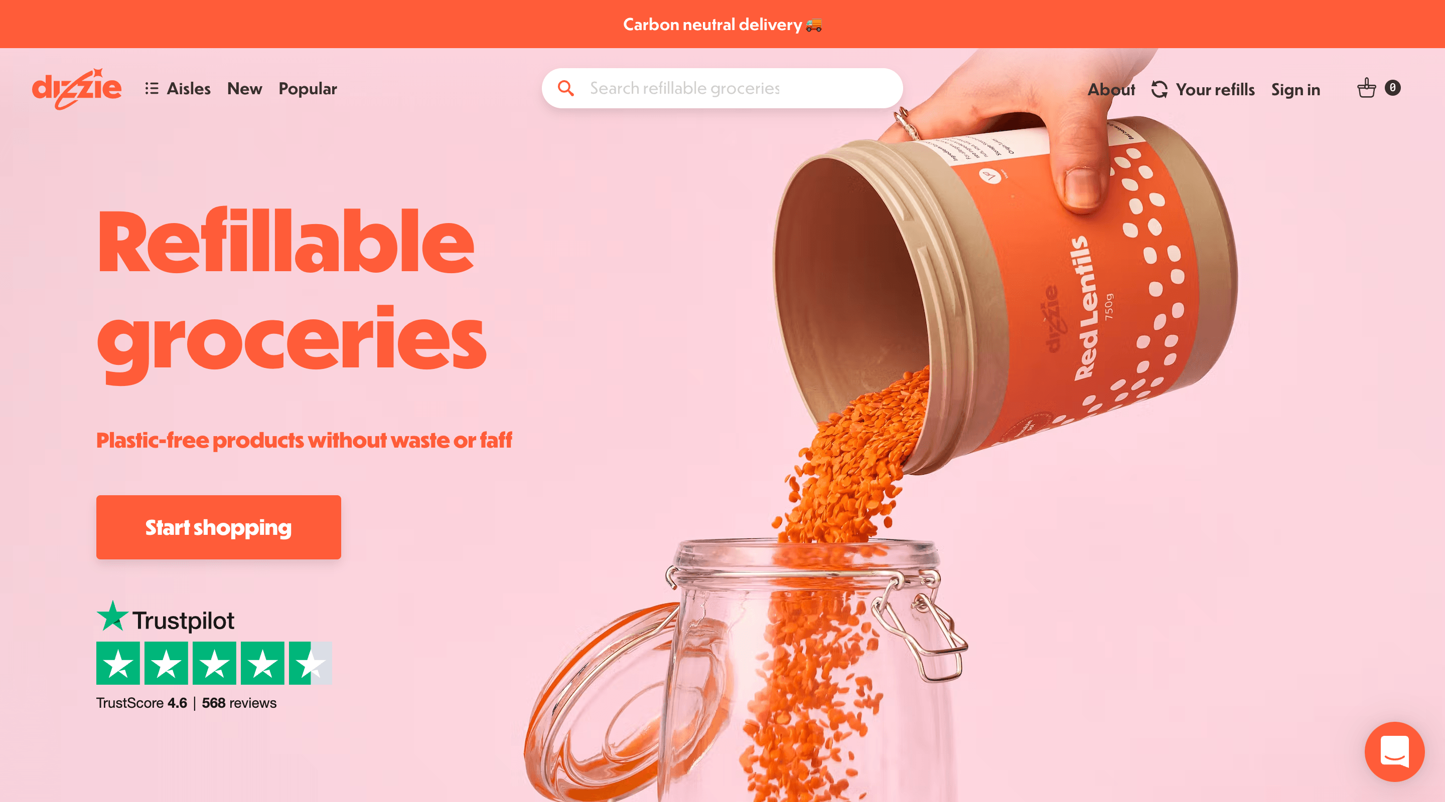 Screenshot of the Dizzie home page. The header contains the Dizzie logo, main navigation, and a search bar. The hero section contains a photograph of someone pouring red lentils into a mason jar. It also contains a Trustpilot rating and a 'Start shopping' call-to-action button.