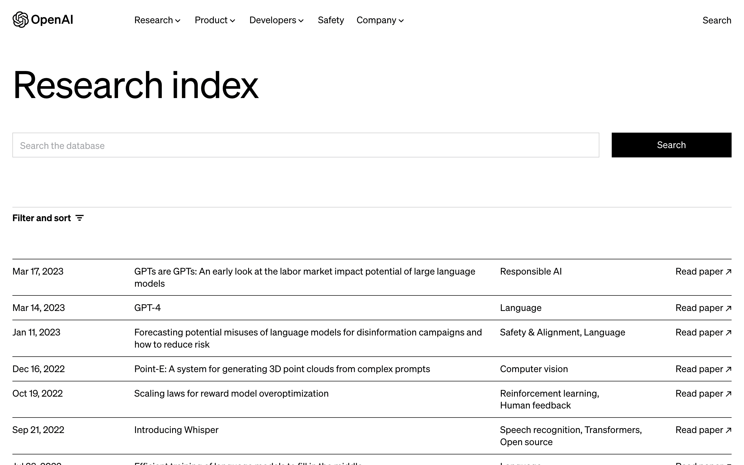 Screenshot of a table of research papers OpenAI has published. The background color is white with black text. The table has a minimalistic design with only horizontal borders. Above is a wide search field, and below is a filter button.